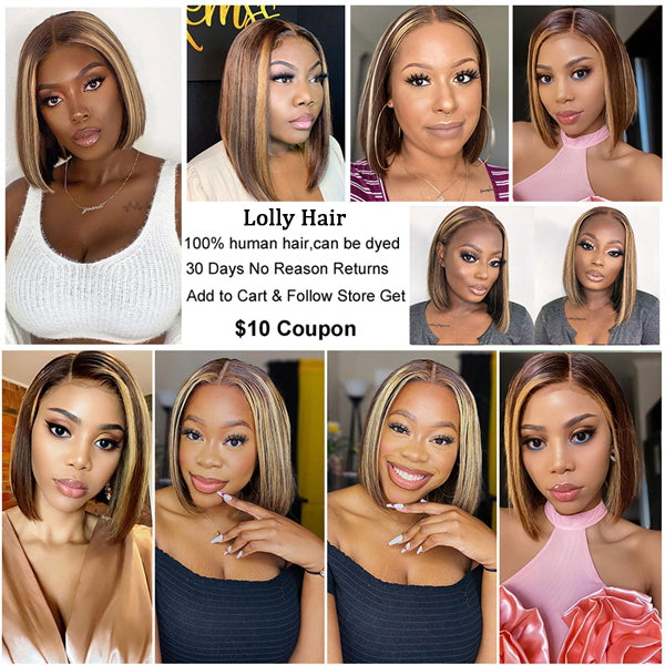 Highlight Bob Wig Ombre Brown Honey Blonde Short Bob Wig - LollyHair