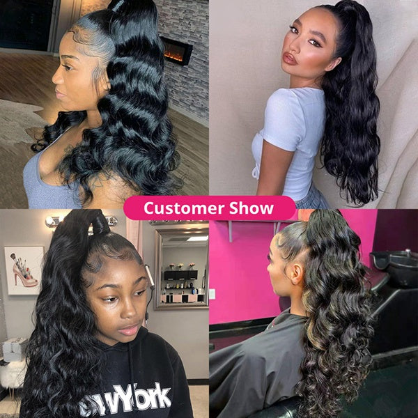 Body Wave Ponytail Human Hair Long Wavy Wrap Around Clip In Ponytail Hair Extensions - LollyHair