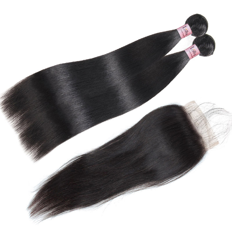 Lolly Hair Virgin Peruvian Straight Hair 2 Bundles With 4*4 Lace Closure 9A : LOLLYHAIR