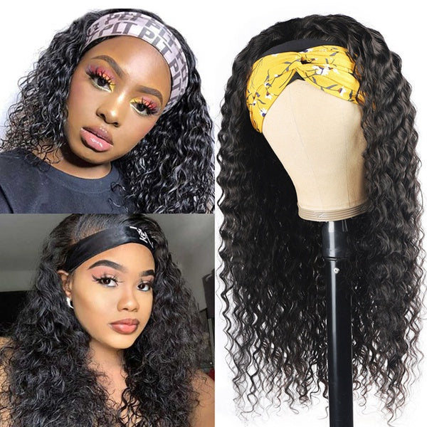 Glueless Headband Wig Human Hair Deep Wave Wig Brazilian Remy Scarf Wig 150% - LollyHair