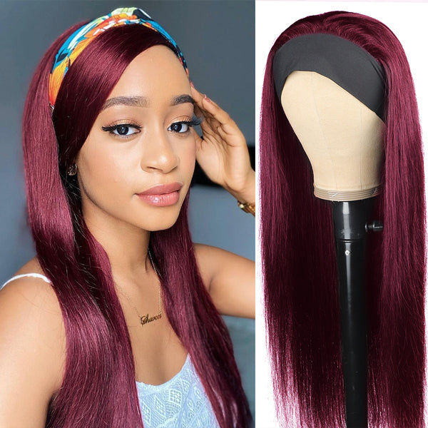 Headband Wig Human Hair 99J Burgundy Red Wig Straight Human Hair Wigs for Women - LollyHair
