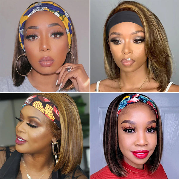 Highlight Headband Wig Human Hair Ombre Color Straight Short Bob Wigs Human Hair - LollyHair