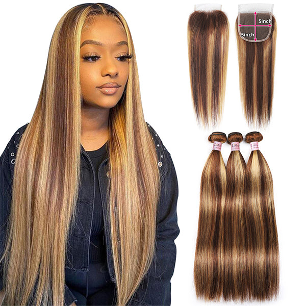 Highlight Bundles with 5x5 HD Closure P4/27 Bone Straight Bundle with 5x5 Lace Closure - LollyHair