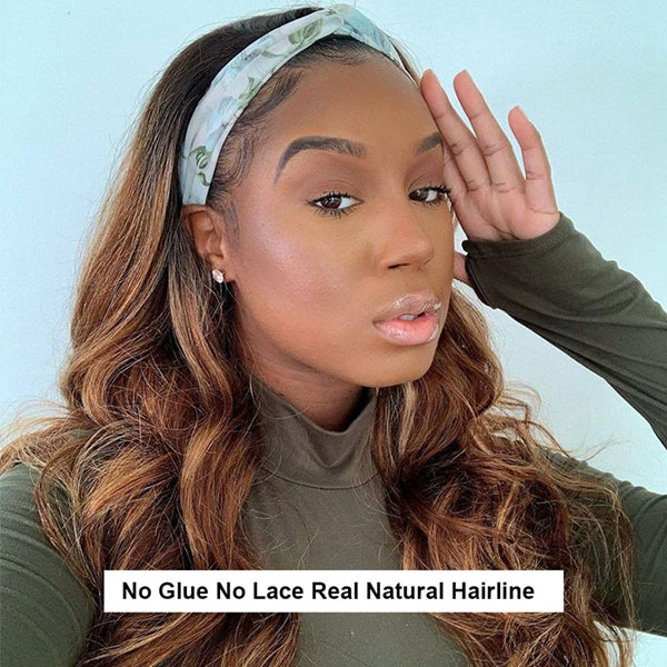 Honey Blonde Highlight Headband Wig Ombre Color Body Wave Human Hair 150% Density - LollyHair
