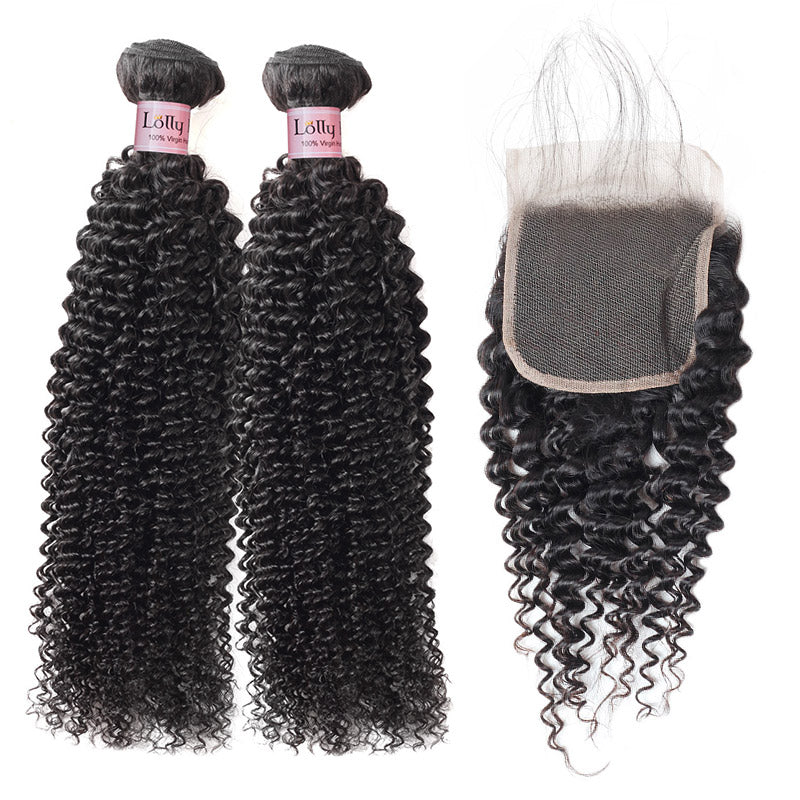 Lolly 9A Brazilian Virgin Human Hair Kinky Curly 2 Bundles With 4*4 Lace Closure : LOLLYHAIR