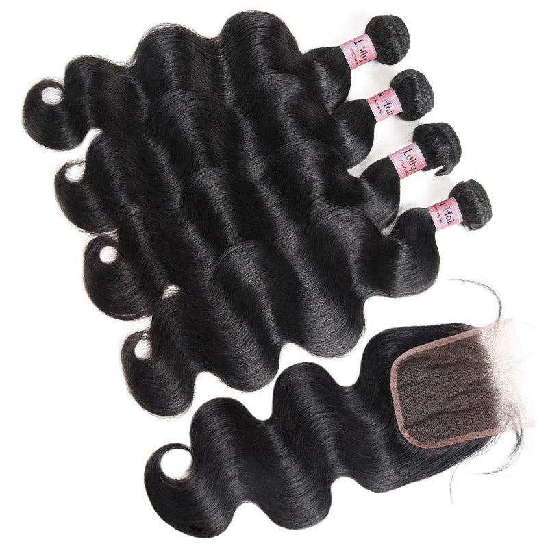 Lolly Hair Malaysian Body Wave Human Hair 4 Bundles with Closure 9A 100% Unprocessed Natural Wave Hair Extension 8-28 inch Virgin Hair Weave : LOLLYHAIR