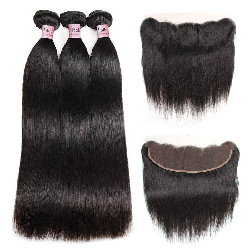 LollyHair 9A Indian Human Hair Extensions Straight Virgin Hair Bundles Deal with 13*4  Ear to Ear Lace Frontal : LOLLYHAIR