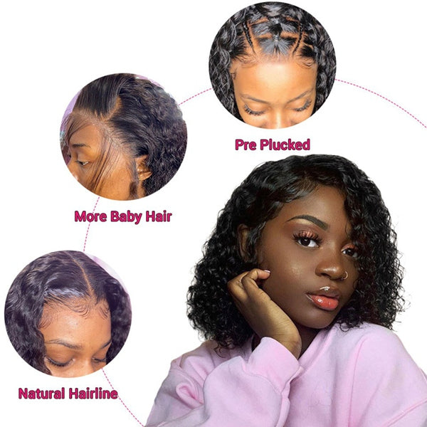 Deep Wave Wig Short Bob Wig Lace Front Human Hair Wigs Natural Color Human Hair Wigs 4x4 Lace Closure Wig - LollyHair
