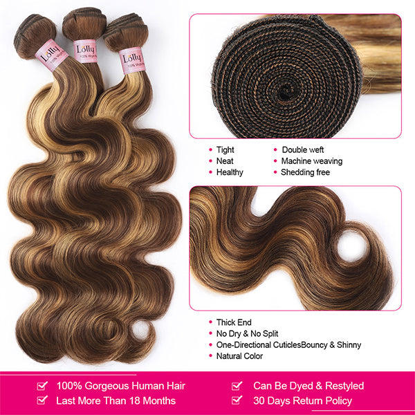 Highlight Colored Human Hair Bundles with 5x5 Closure P4/27 Body Wave Bundles with HD Lace Closure - LollyHair