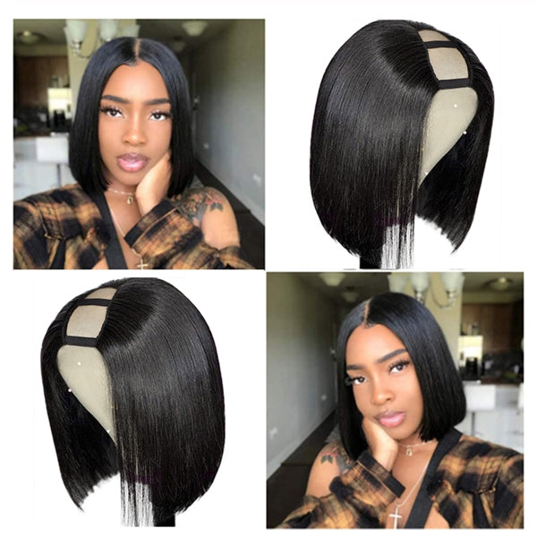 U Part Wig Straight Short Bob Human Hair Wig Full Machine Made Glueless Hair Wigs for Women - LollyHair