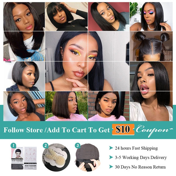 U Part Wig Straight Short Bob Human Hair Wig Full Machine Made Glueless Hair Wigs for Women - LollyHair