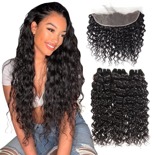 Water Wave Human Hair Bundles with Frontal HD Lace Frontal with Bundles - LollyHair