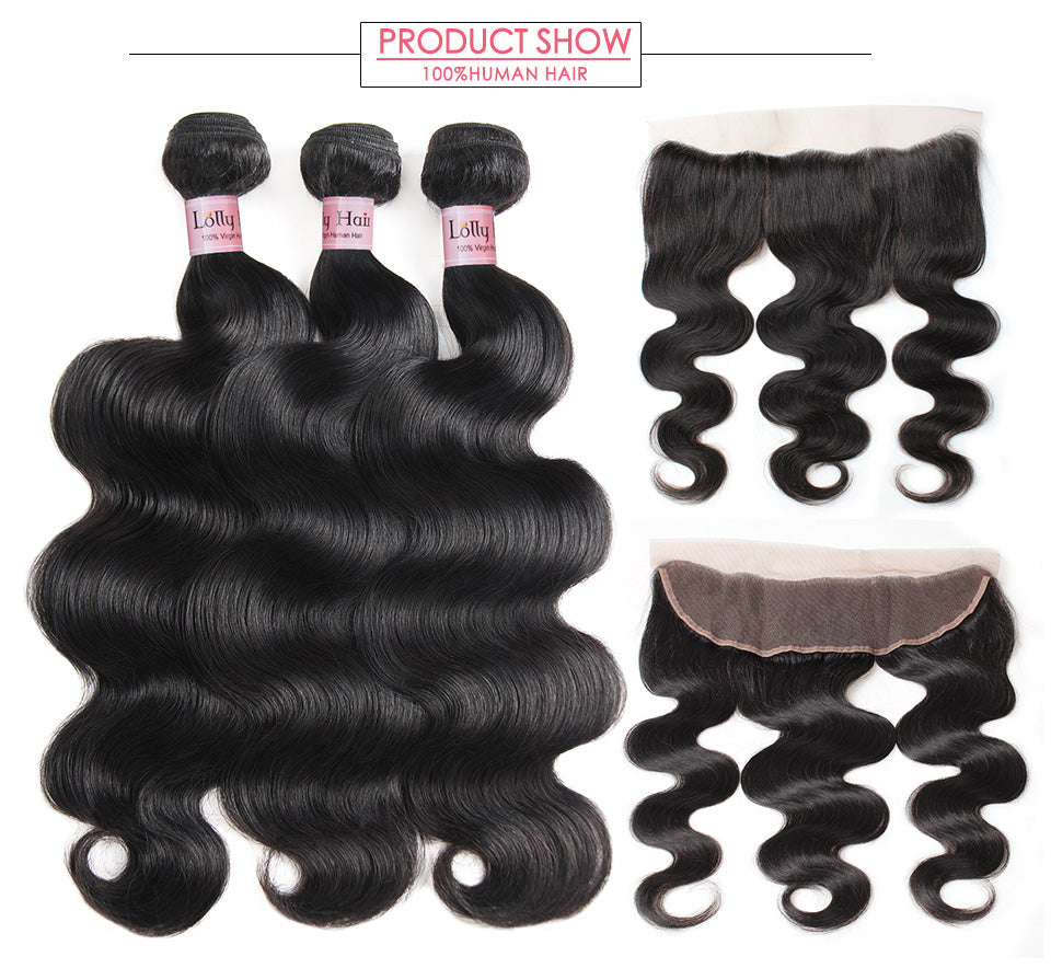 Lolly Malaysian Virgin Hair Body Wave 3 Bundles With 13x4 Lace Frontal Closure