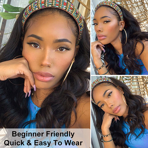 Headband Wig Human Hair 150% Brazilian Body Wave Wig for Women Glueless Scarf Wig - LollyHair