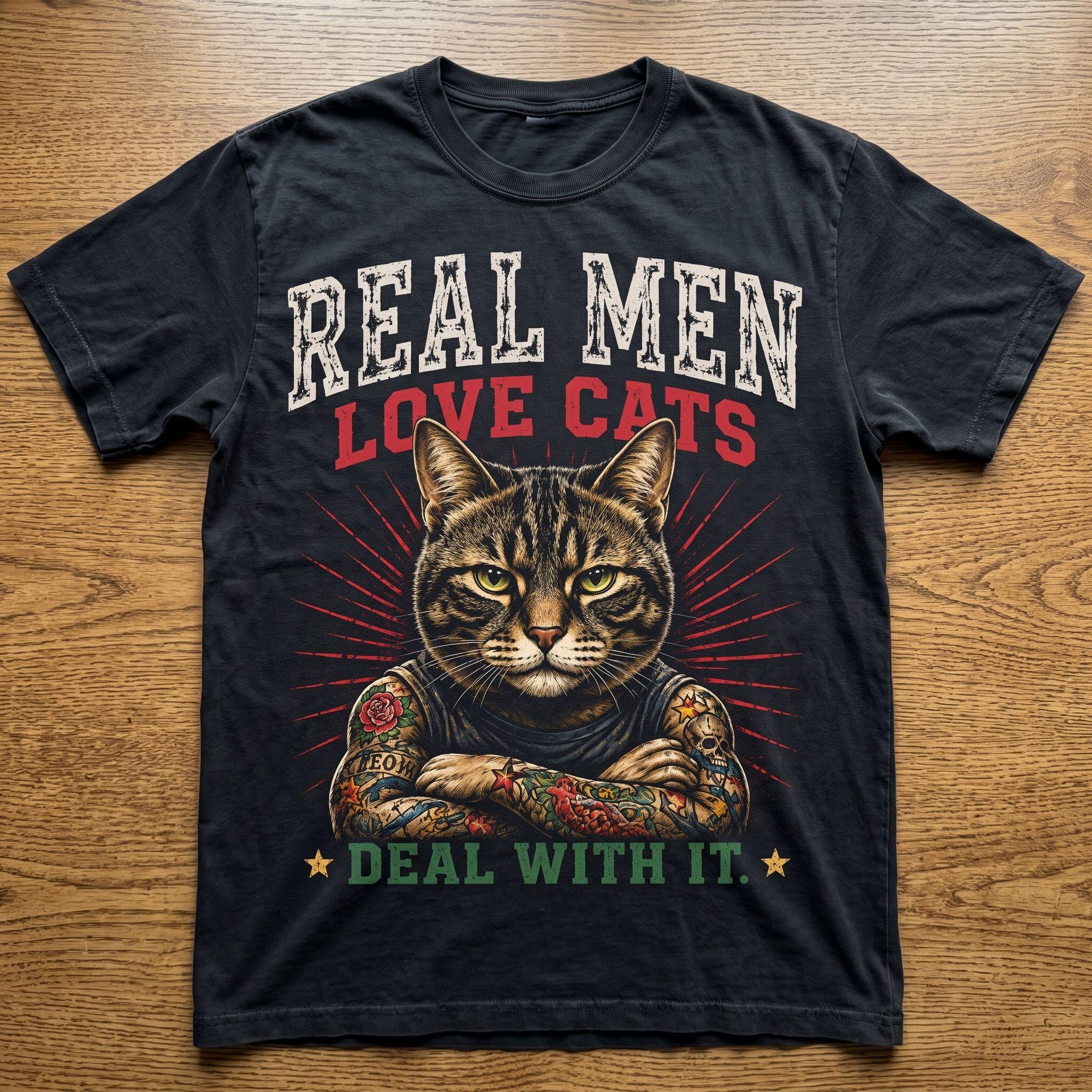 Real Men Love Cats Deal With It Vintage Tattoo Cat T-Shirt