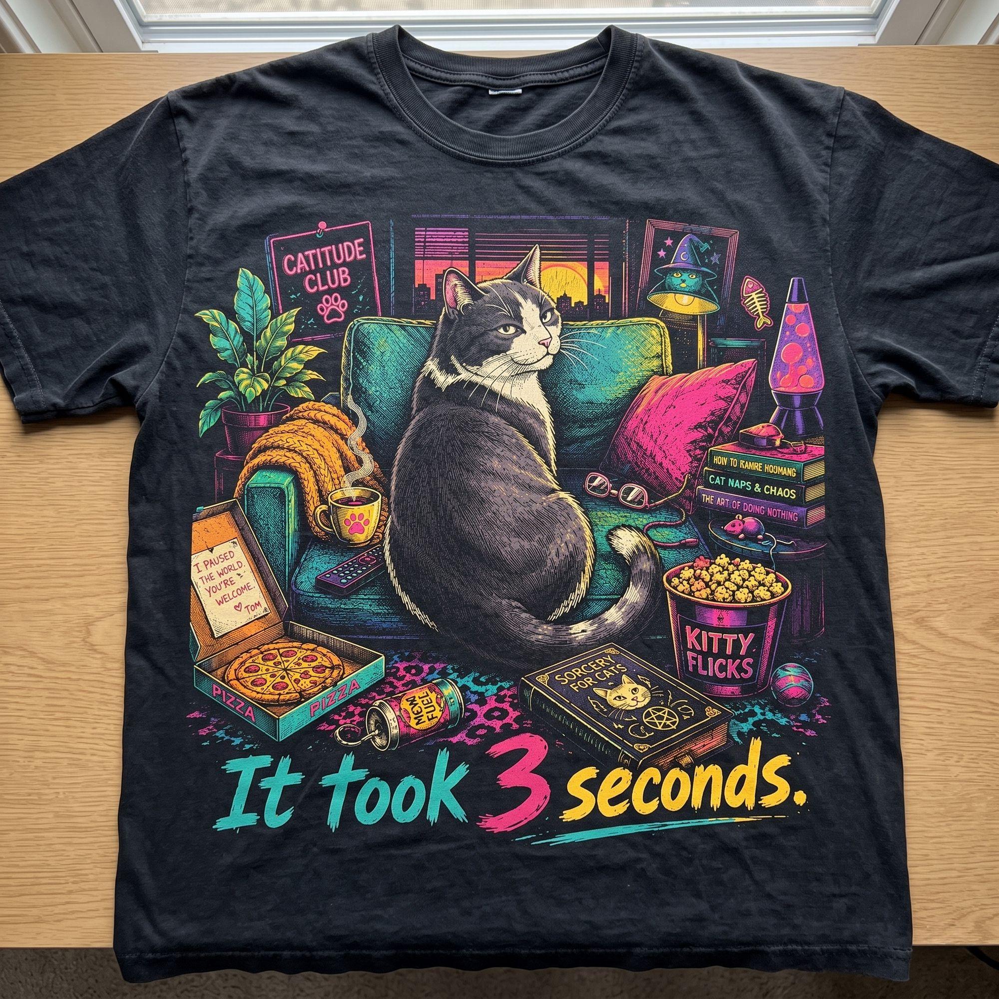 It Took 3 Seconds Funny Catitude Club Retro Neon Cat Graphic T-Shirt