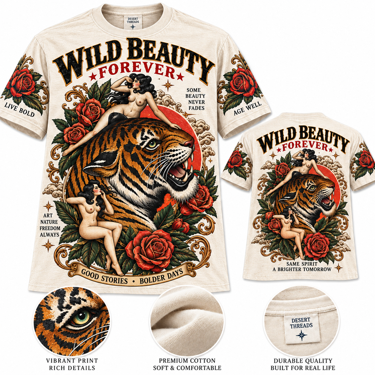 Vintage Wild Beauty Tiger & Roses T-Shirt