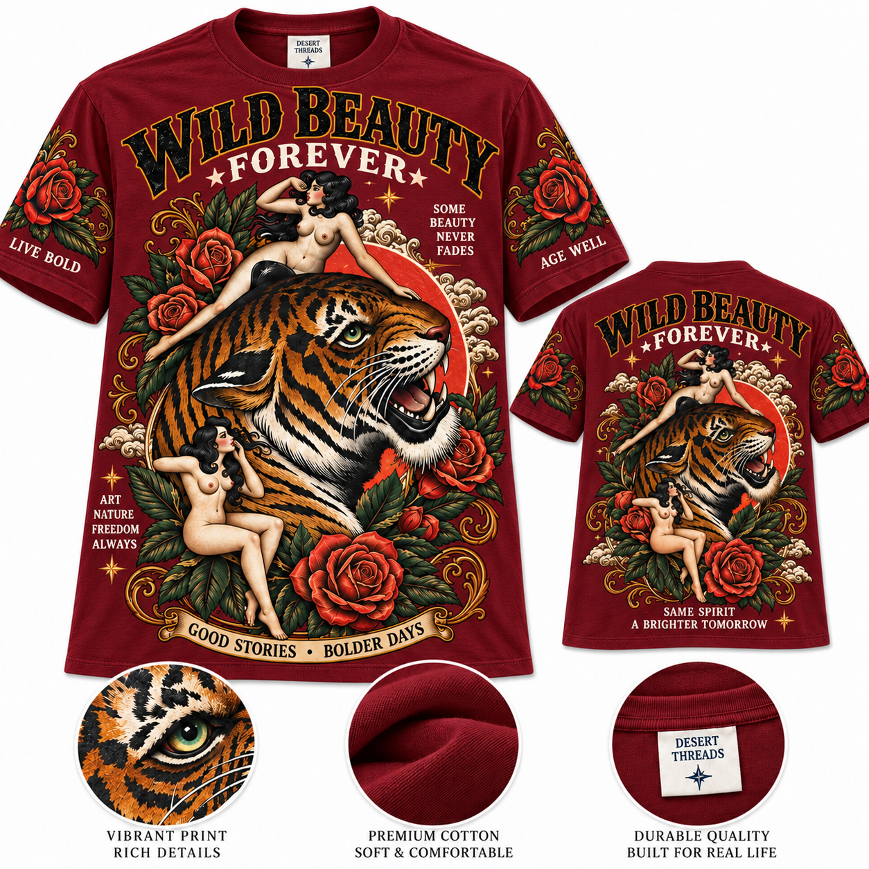 Vintage Wild Beauty Tiger & Roses T-Shirt