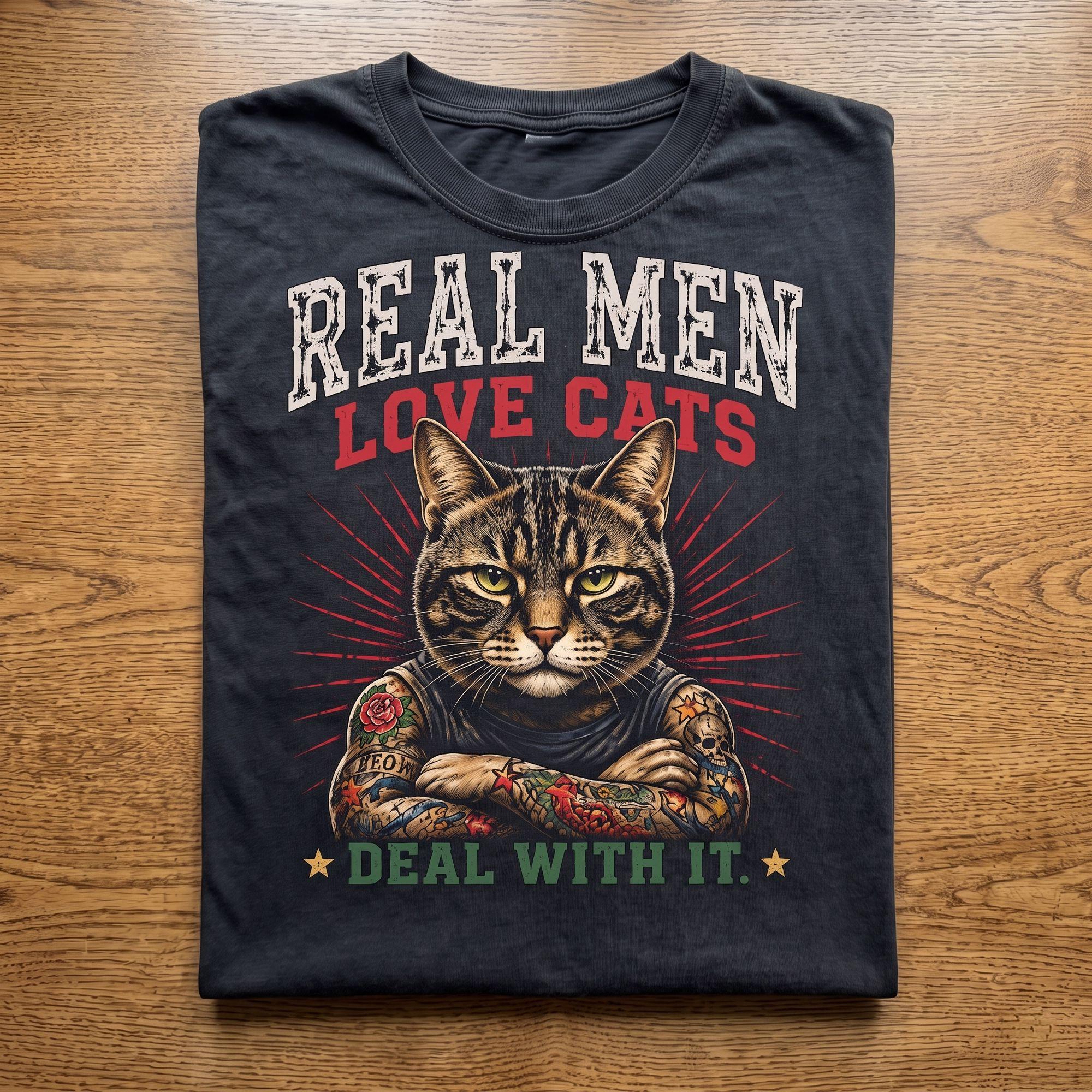 Real Men Love Cats Deal With It Vintage Tattoo Cat T-Shirt