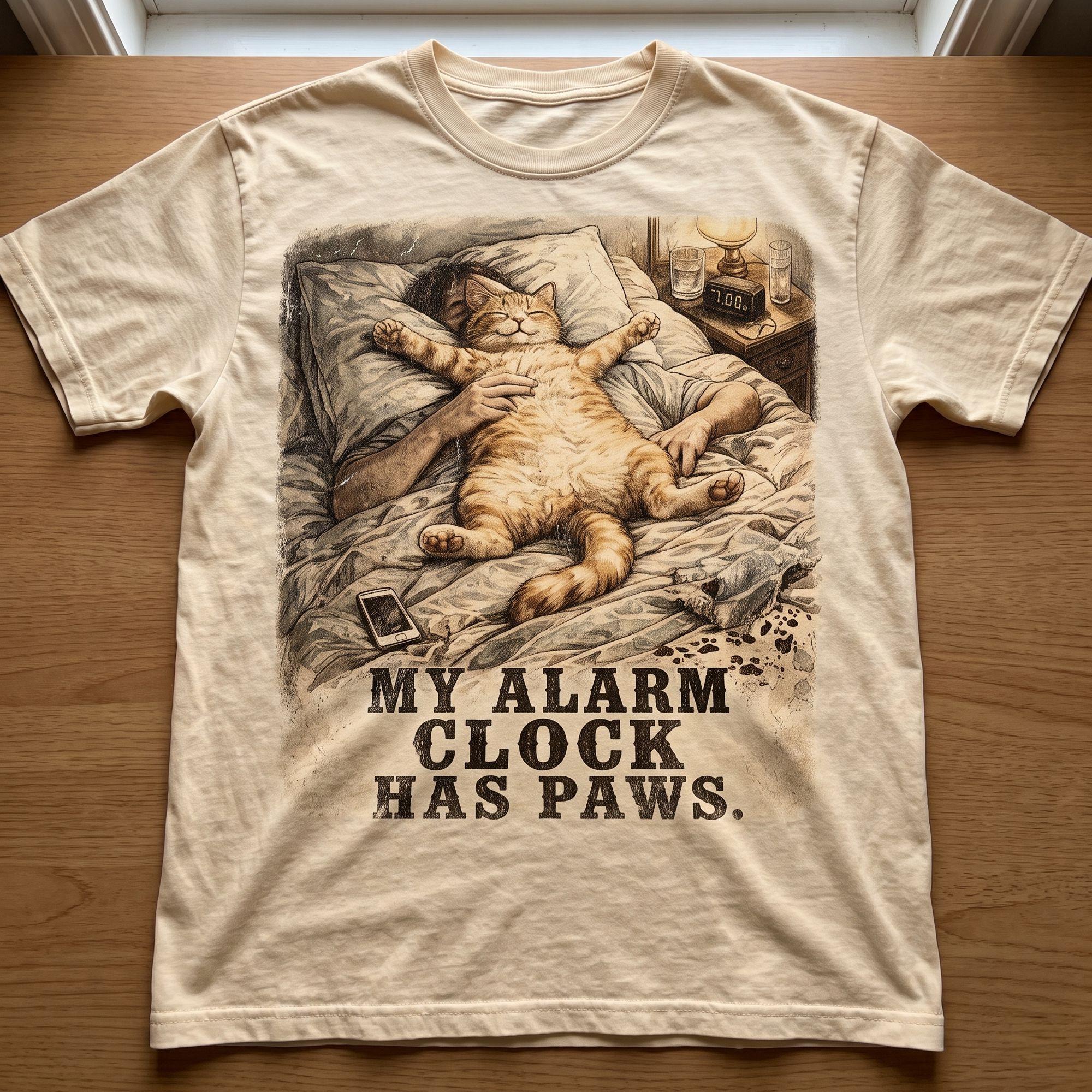 My Alarm Clock Has Paws Funny Cat Lover Vintage Graphic T-Shirt