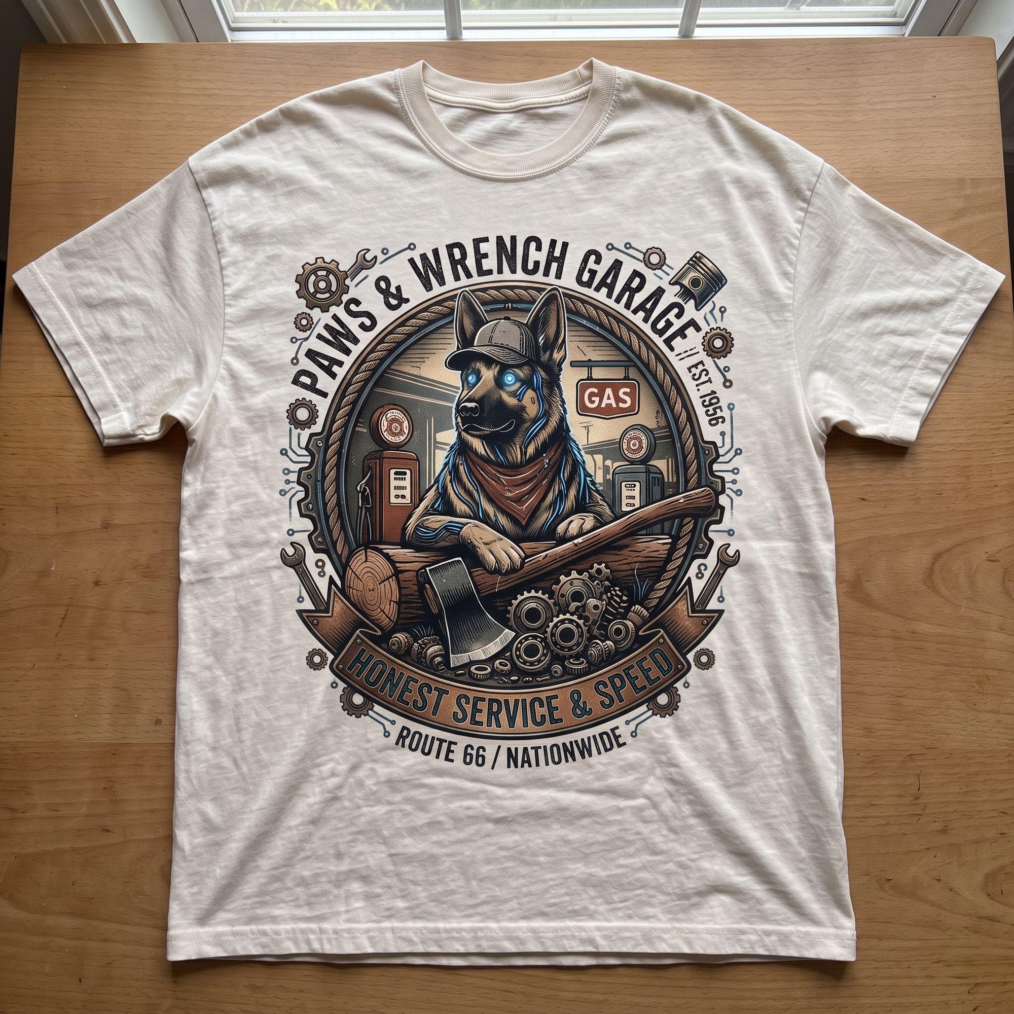 Paws & Wrench Garage Vintage Route 66 Dog Mechanic T-Shirt – Honest Service & Speed Workwear Tee