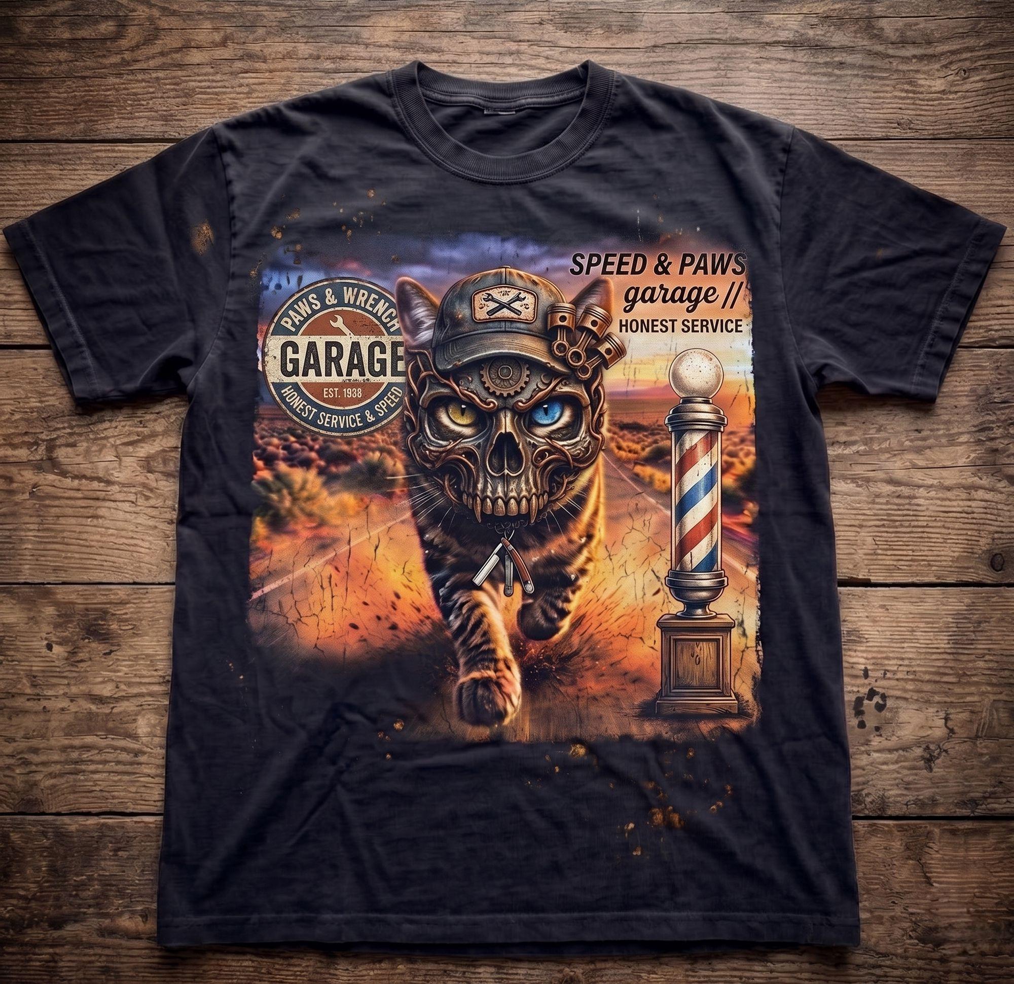 Speed & Paws Garage Vintage Cat Mechanic T-Shirt – Barber Shop Route 66 Americana Graphic TeeSpeed & Paws