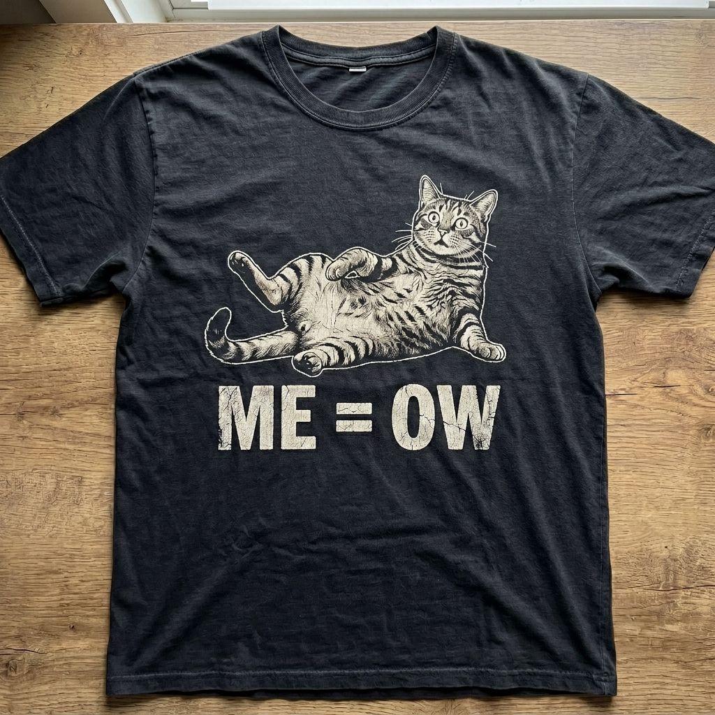 "ME = OW" Sprawled Cat Meme Tee | Vintage Black Streetwear