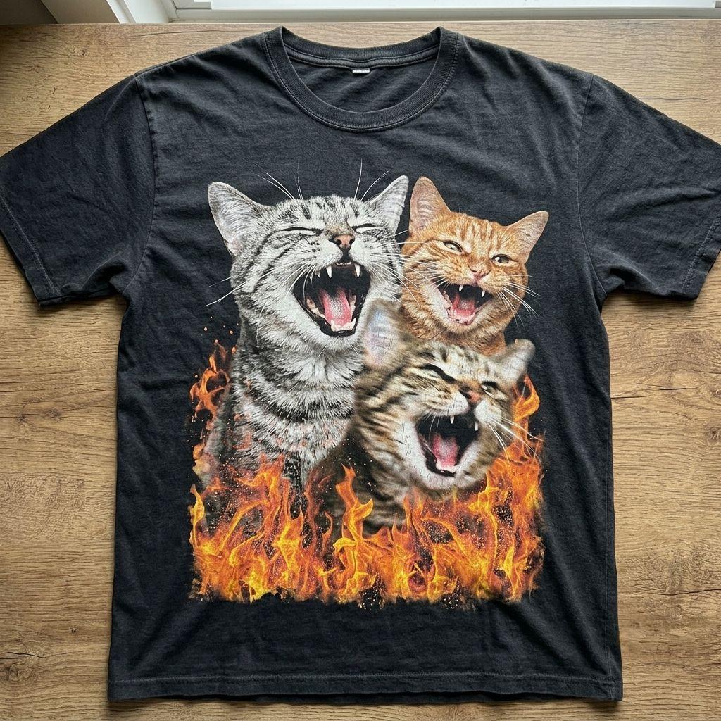 "Screaming Cats" Chaotic Meme Tee | Three Overlapping Cats + Flames | Emotional Explosion Graphic