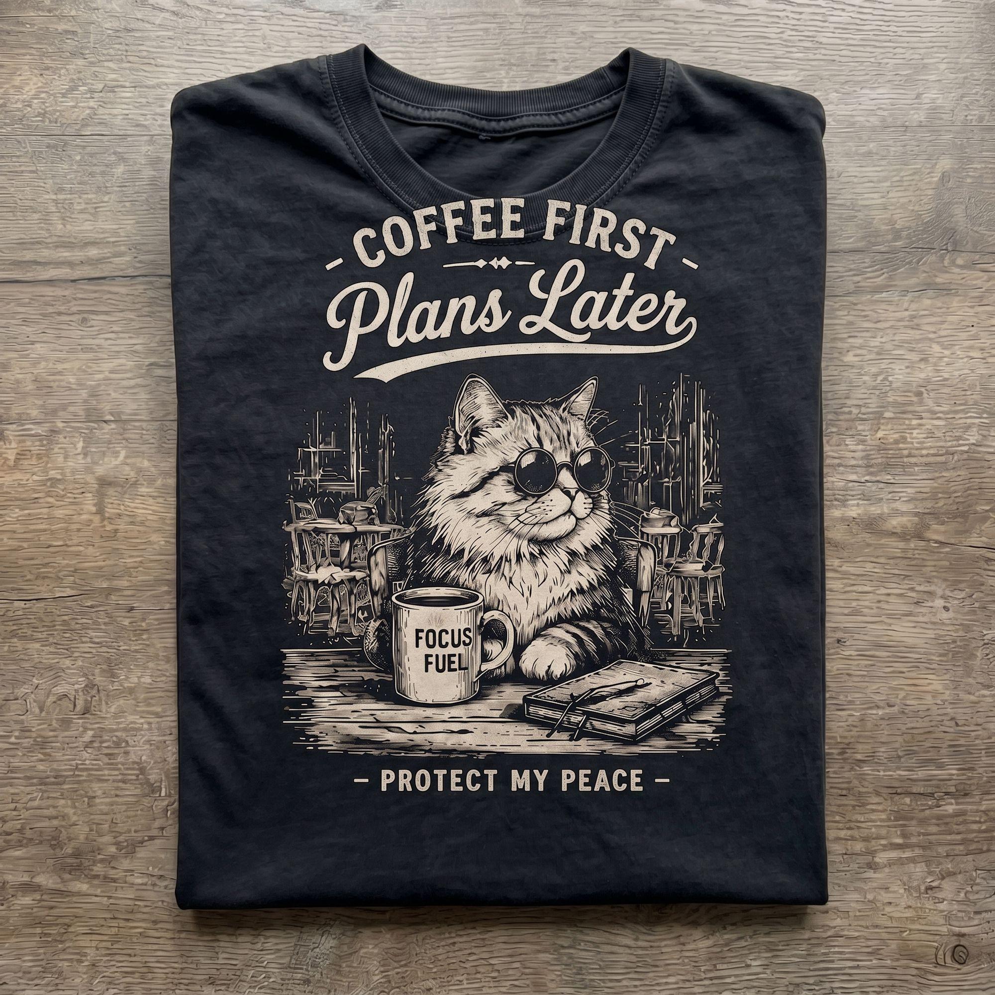 Vintage "Coffee First, Plans Later" Cat T-shirt