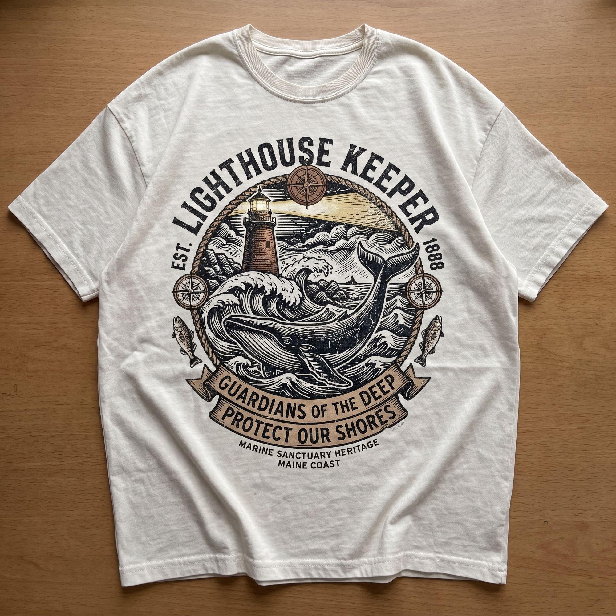 Lighthouse Keeper Vintage Marine Whale T-Shirt – Guardians of the Deep Nautical Coast Graphic Tee