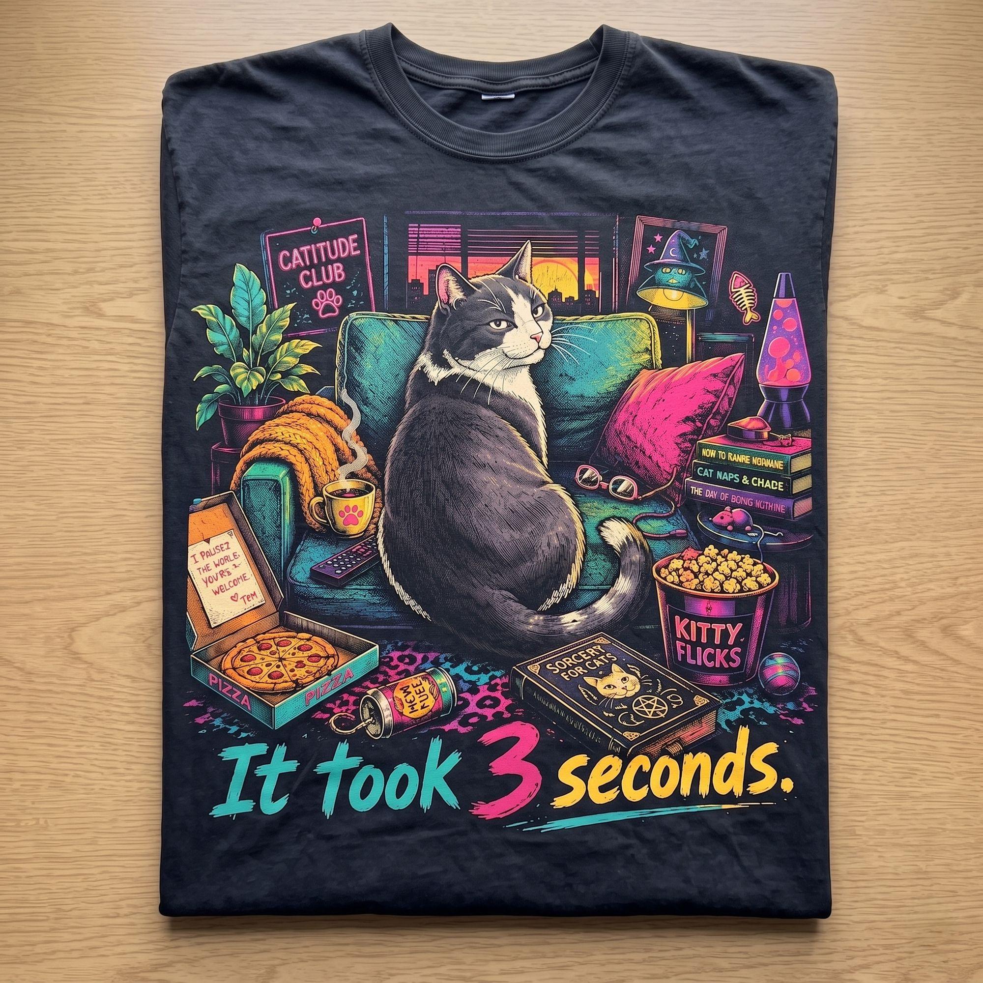 It Took 3 Seconds Funny Catitude Club Retro Neon Cat Graphic T-Shirt