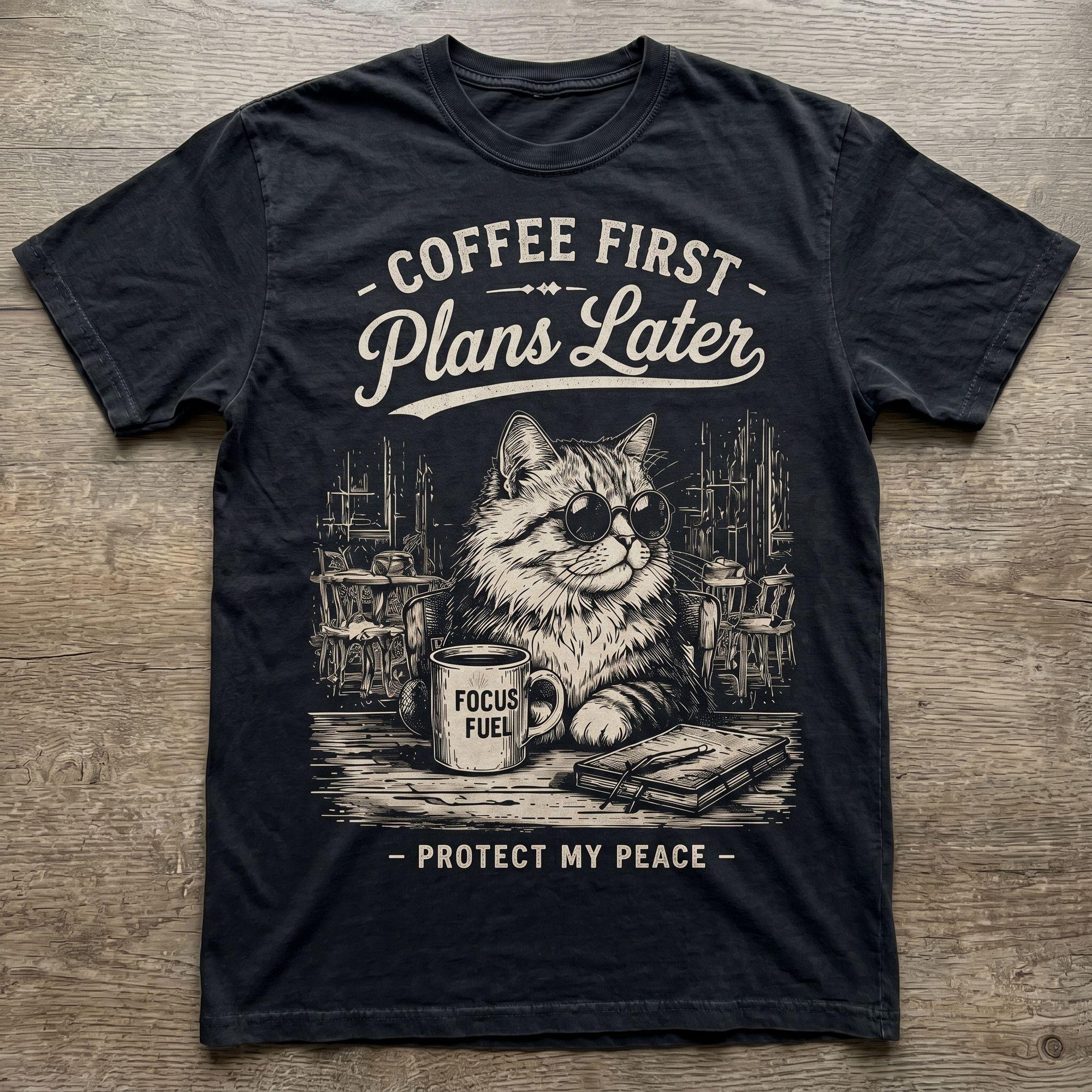 Vintage "Coffee First, Plans Later" Cat T-shirt