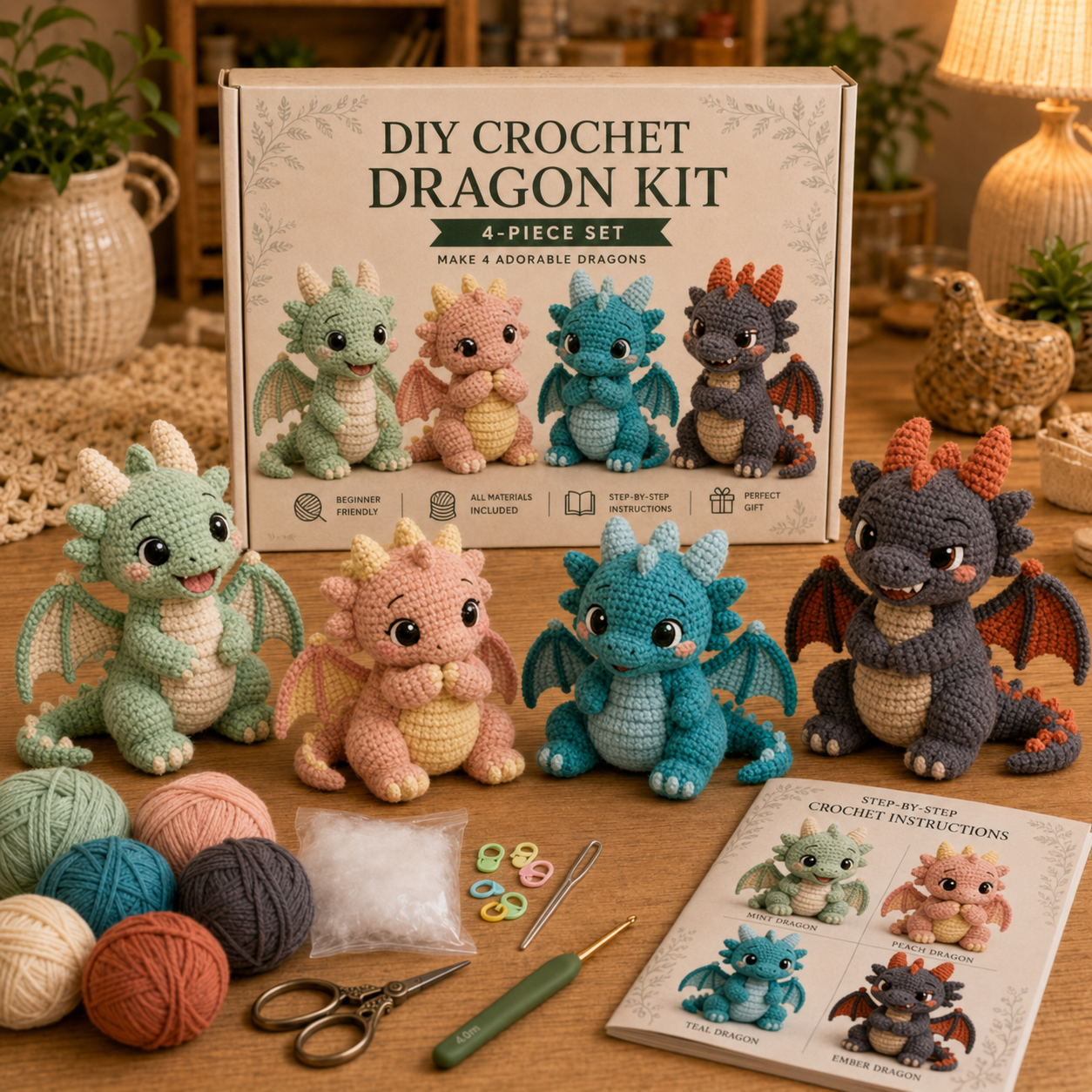 Crochet Dragon Friends DIY Kit – 4-Piece Set
