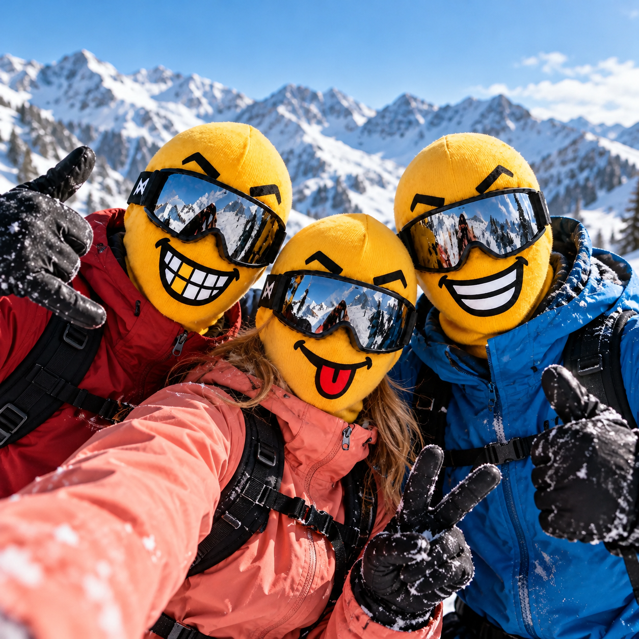 Friends wearing NOVA MINI funny face ski masks together