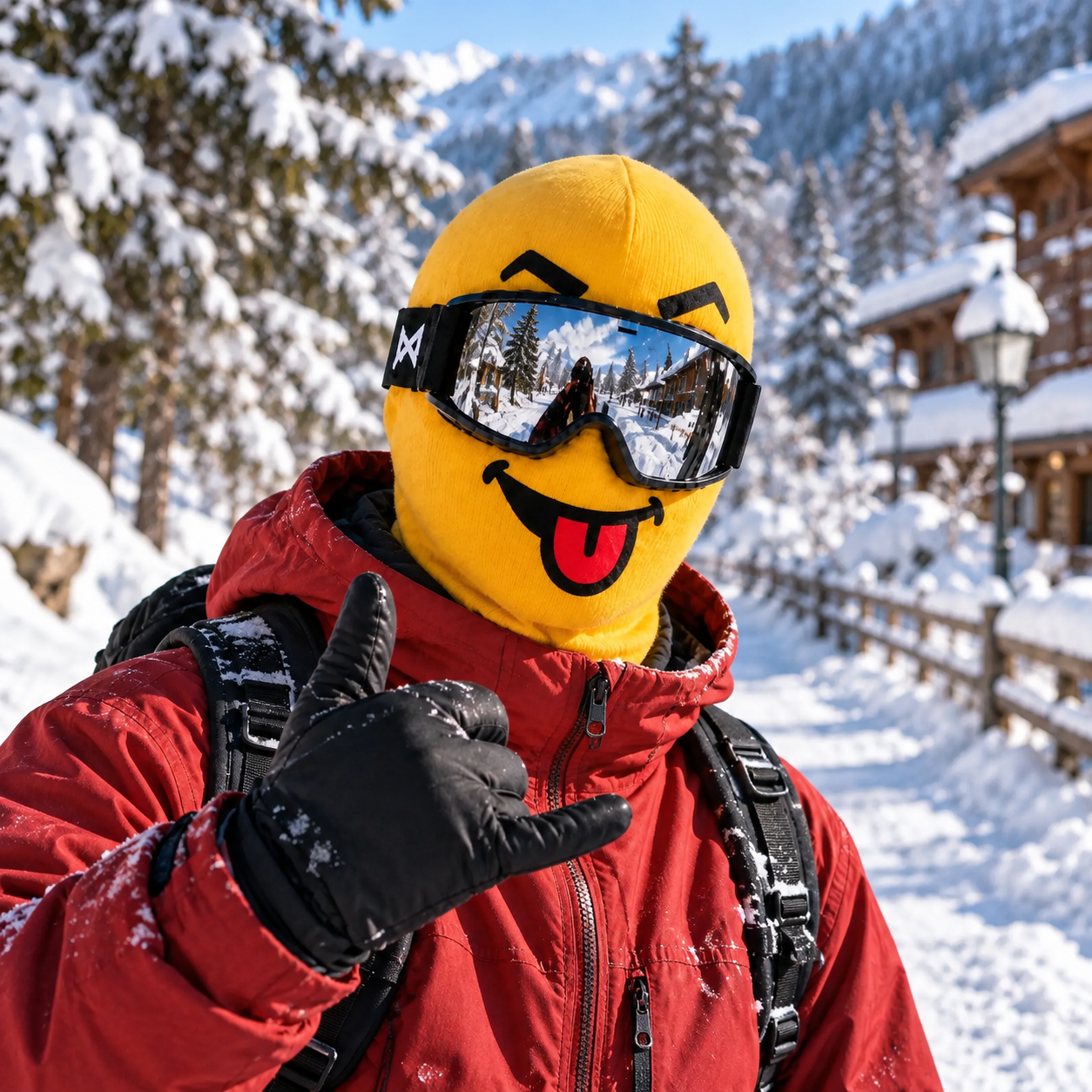 NOVA MINI funny face ski mask attracting attention on a ski trip