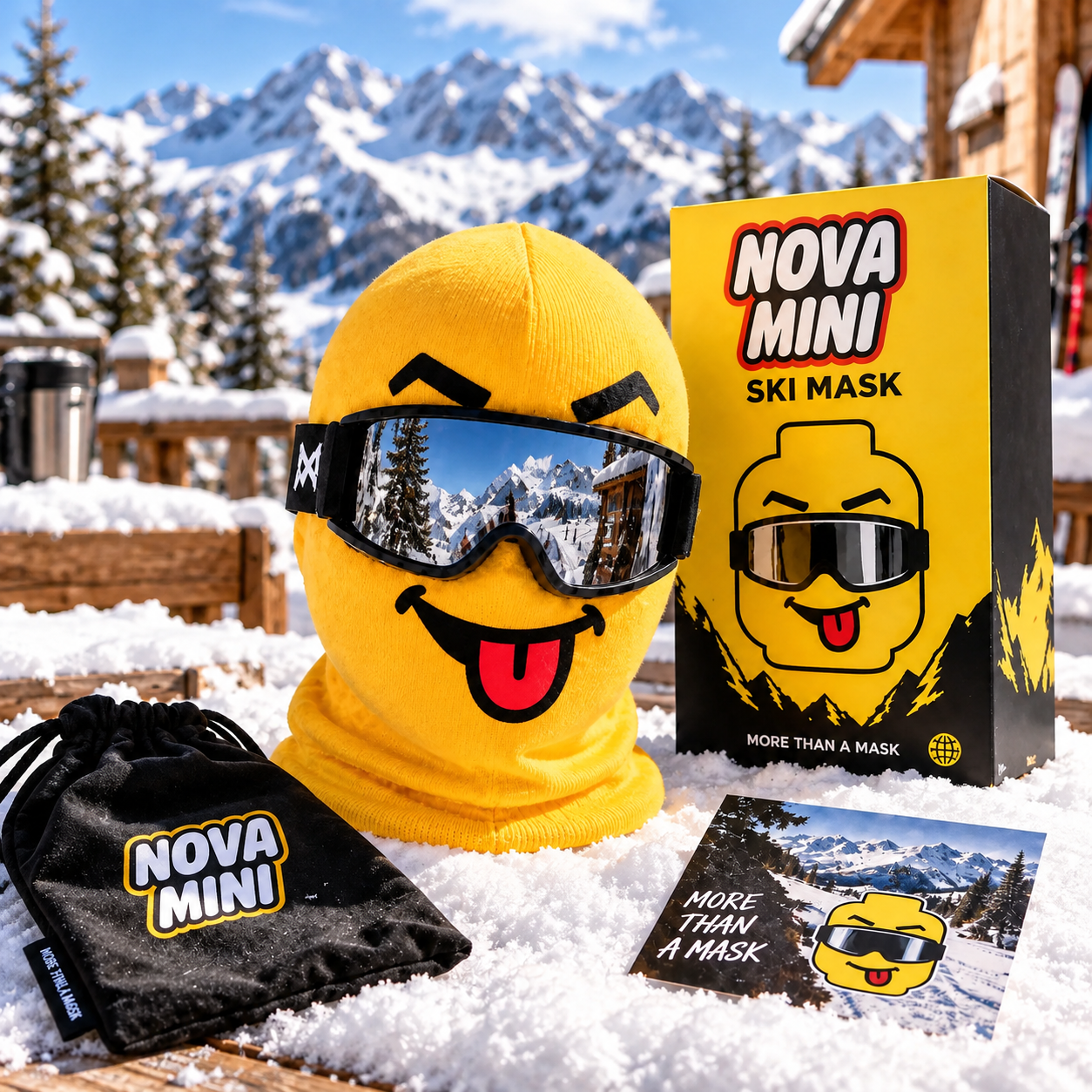 NOVA MINI Brick Head Big Laughs Funny Face Ski Mask with packaging