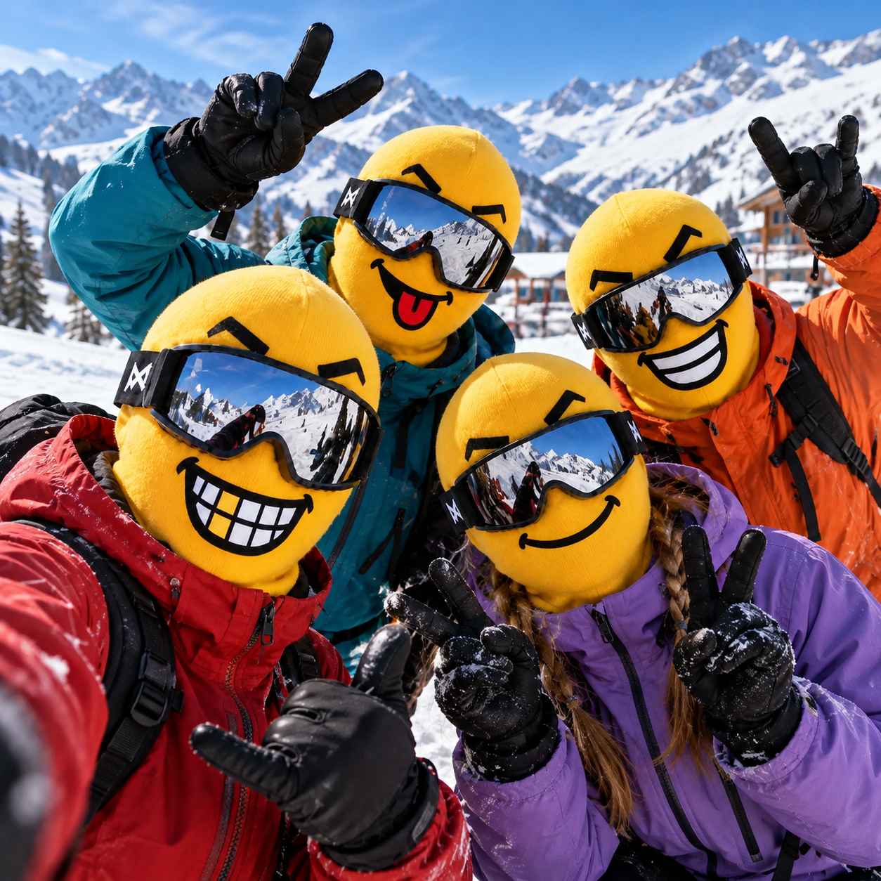 Group of friends wearing NOVA MINI funny face ski masks