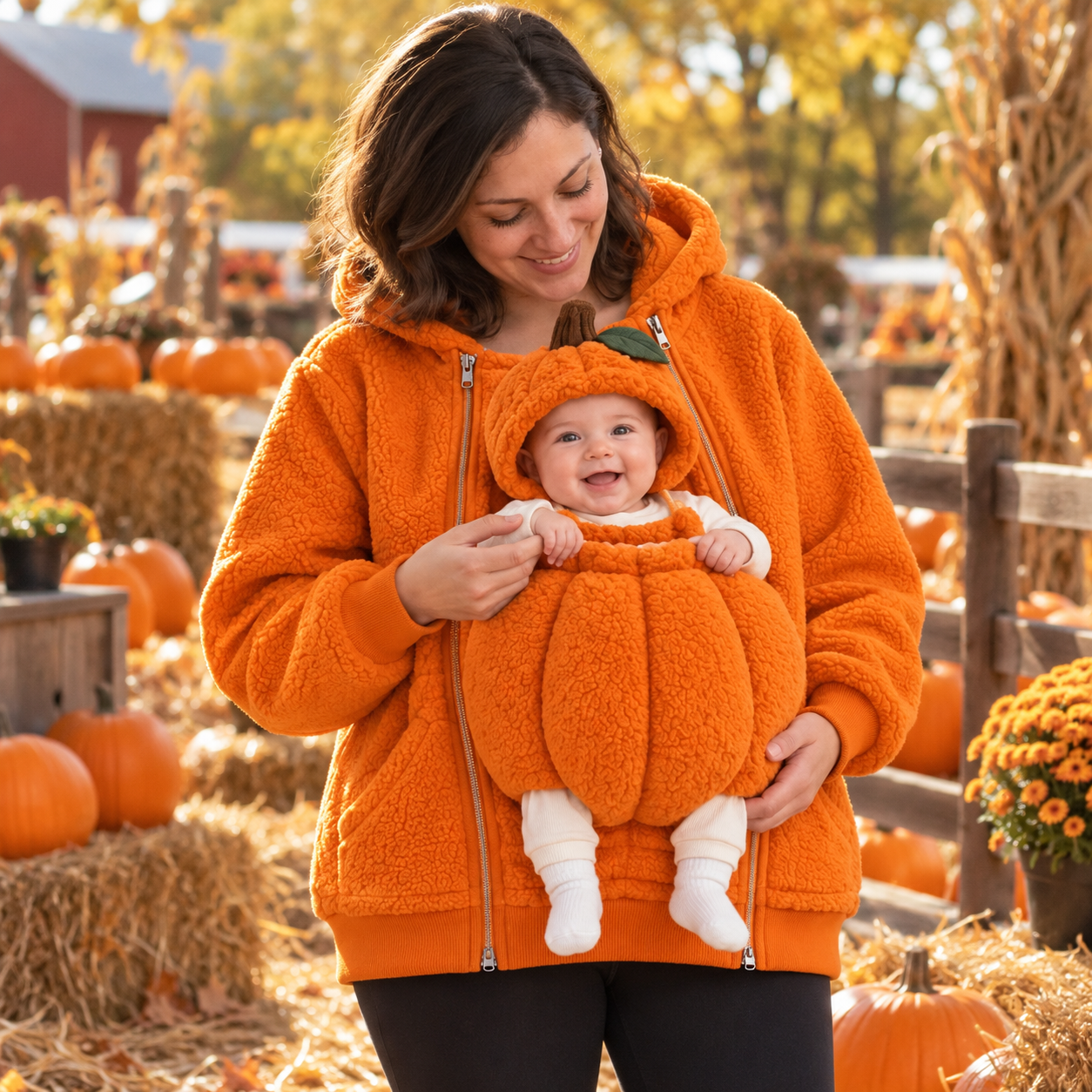 Little Pumpkin Mommy and Baby Hoodie on a relaxed fall outing