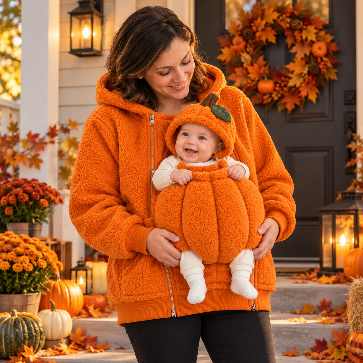 Mom looking down at baby in the Little Pumpkin Close to My Heart hoodie