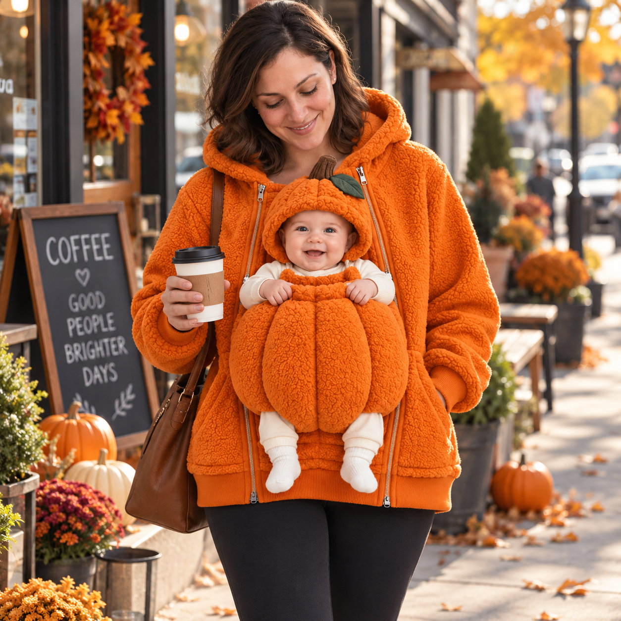 Mom and baby sharing a close cozy moment in the Little Pumpkin hoodie