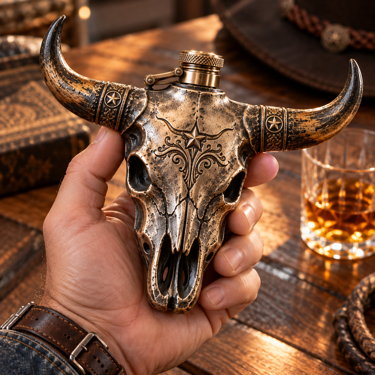 Longhorn Skull “Born to Roam” Flask