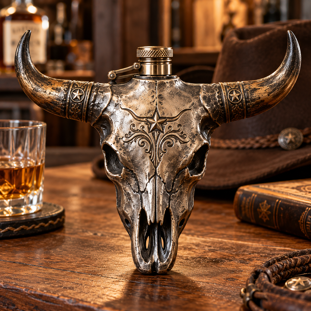 Longhorn Skull “Born to Roam” Flask