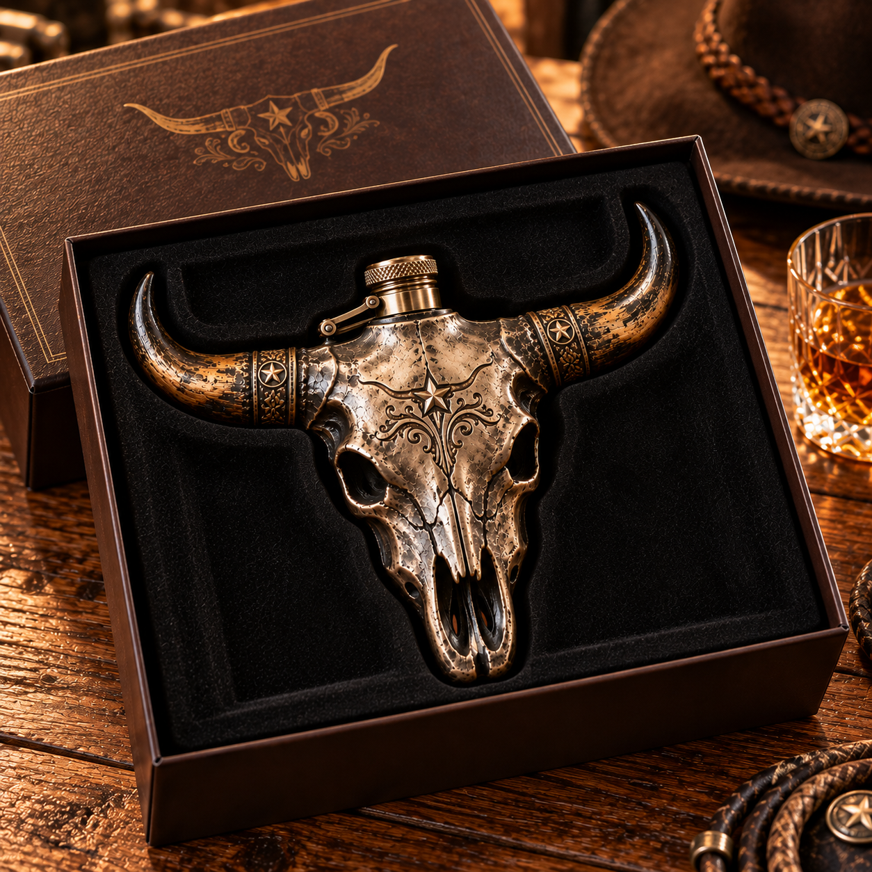 Longhorn Skull “Born to Roam” Flask