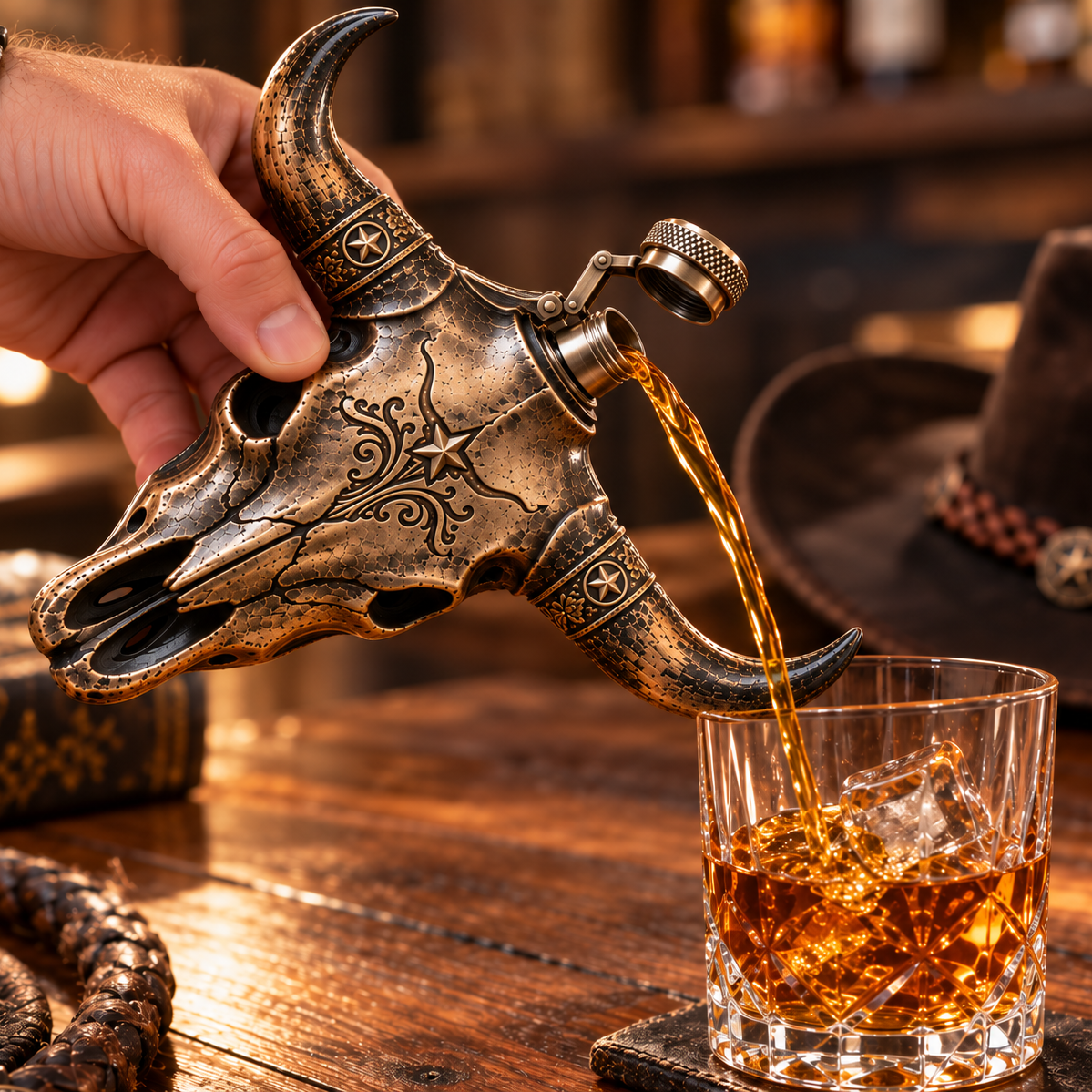 Longhorn Skull “Born to Roam” Flask