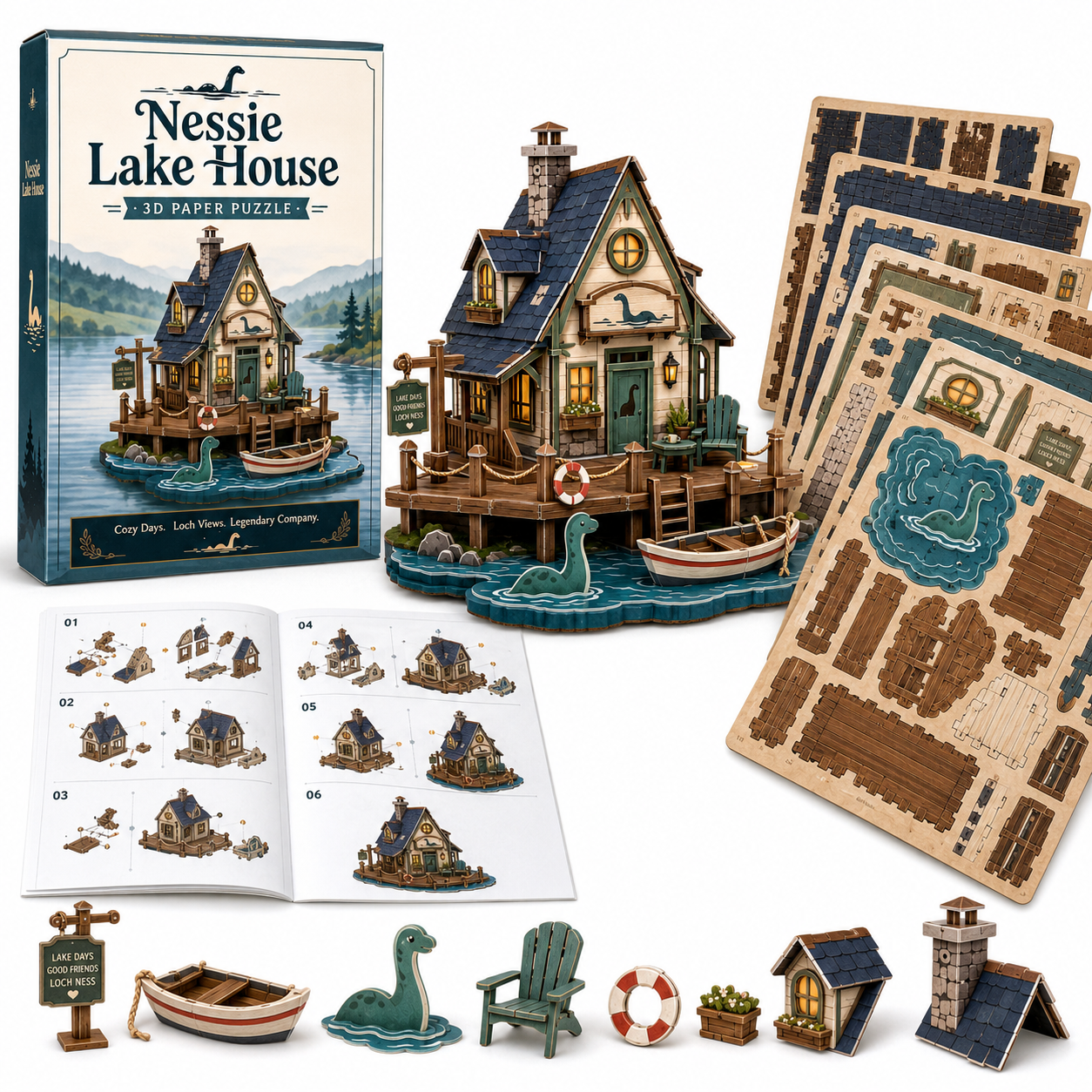 Cozy Cryptid Cabins-Nessie Lake House 3D Wooden Puzzle