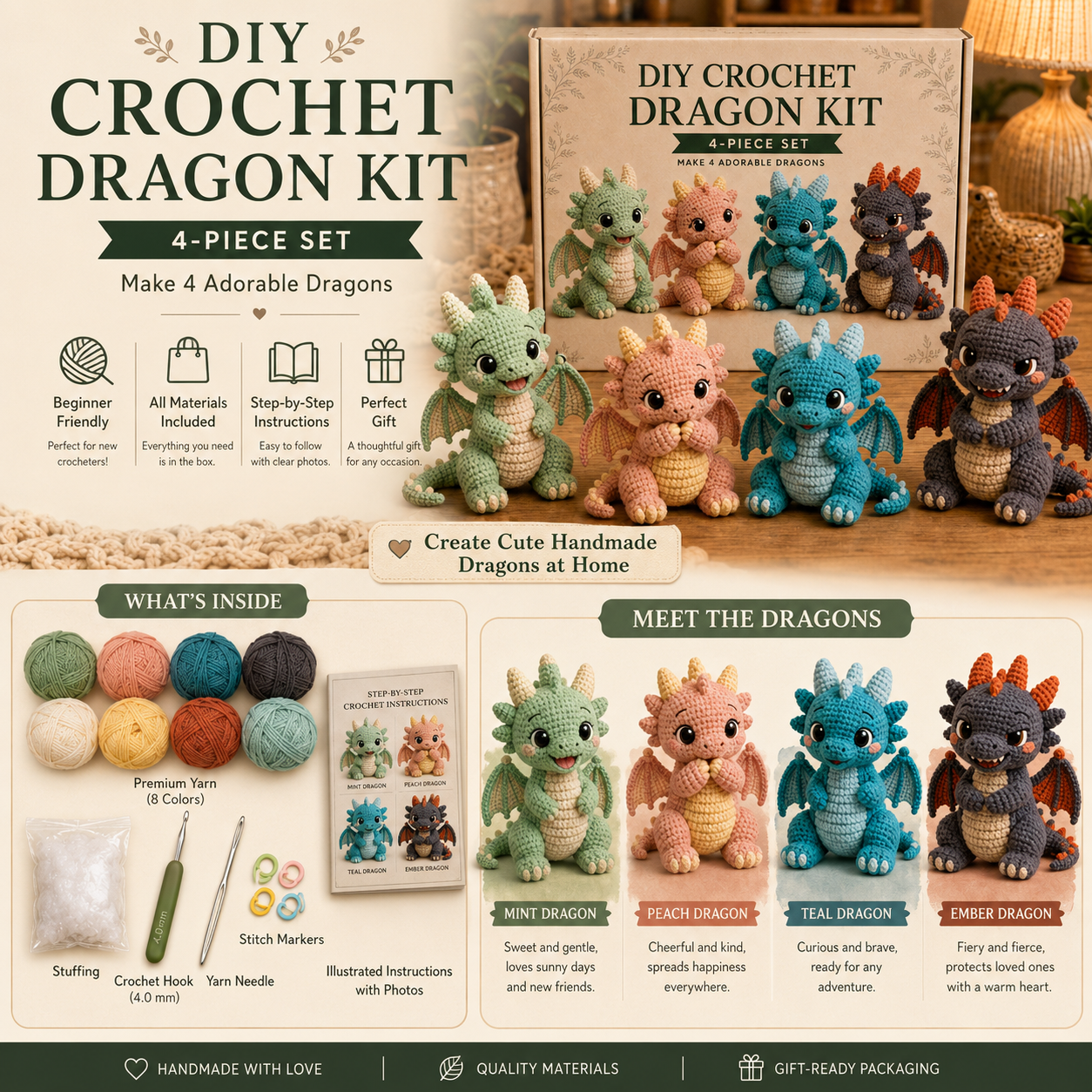 Crochet Dragon Friends DIY Kit – 4-Piece Set