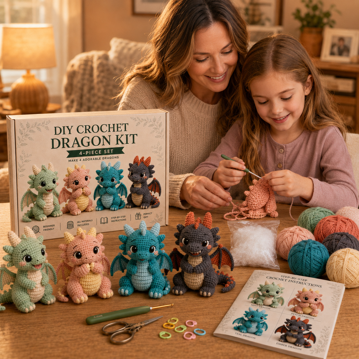 Crochet Dragon Friends DIY Kit – 4-Piece Set