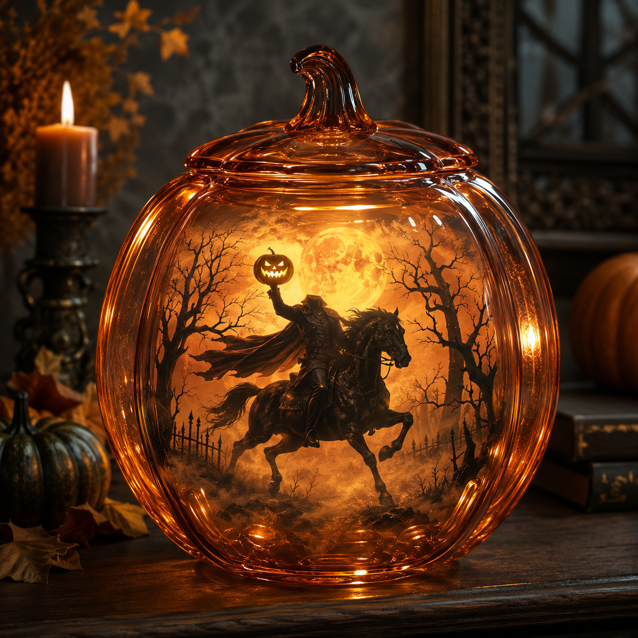 The Headless Horseman Glass Pumpkin Lantern – Illuminated Halloween Scene Light & Gothic Home Decor