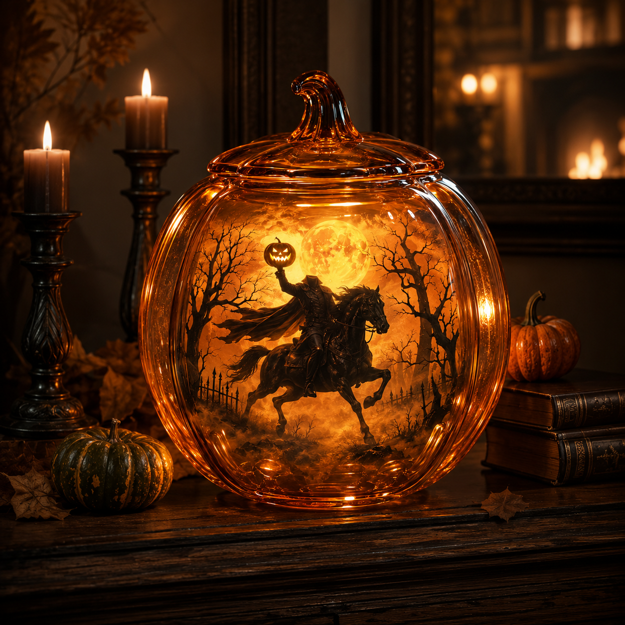 The Headless Horseman Glass Pumpkin Lantern – Illuminated Halloween Scene Light & Gothic Home Decor