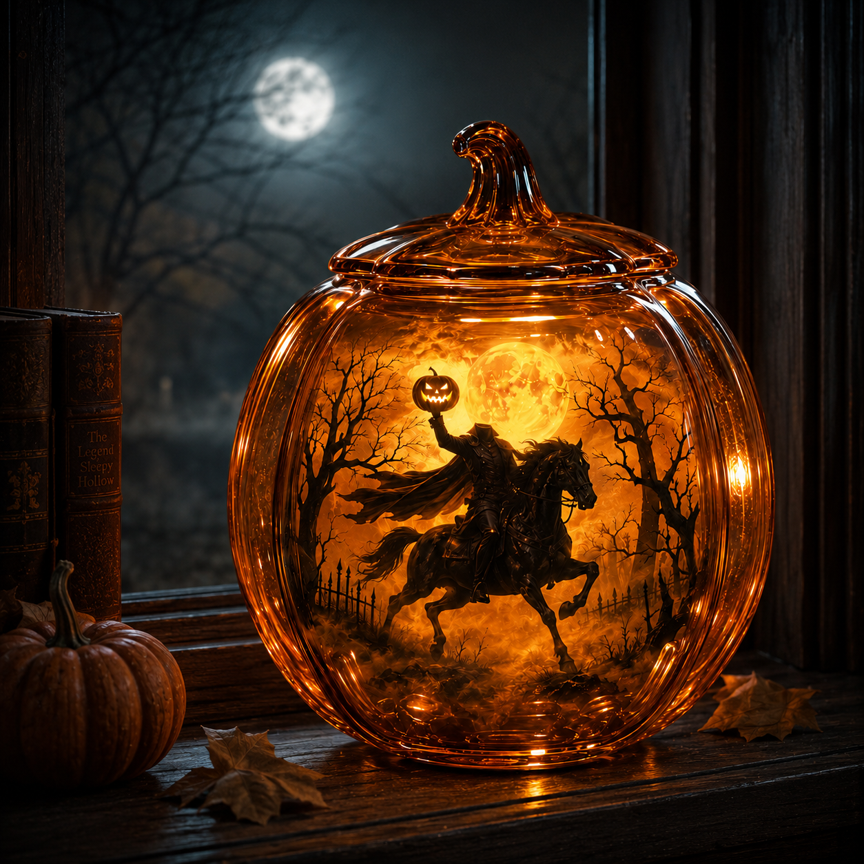 The Headless Horseman Glass Pumpkin Lantern – Illuminated Halloween Scene Light & Gothic Home Decor